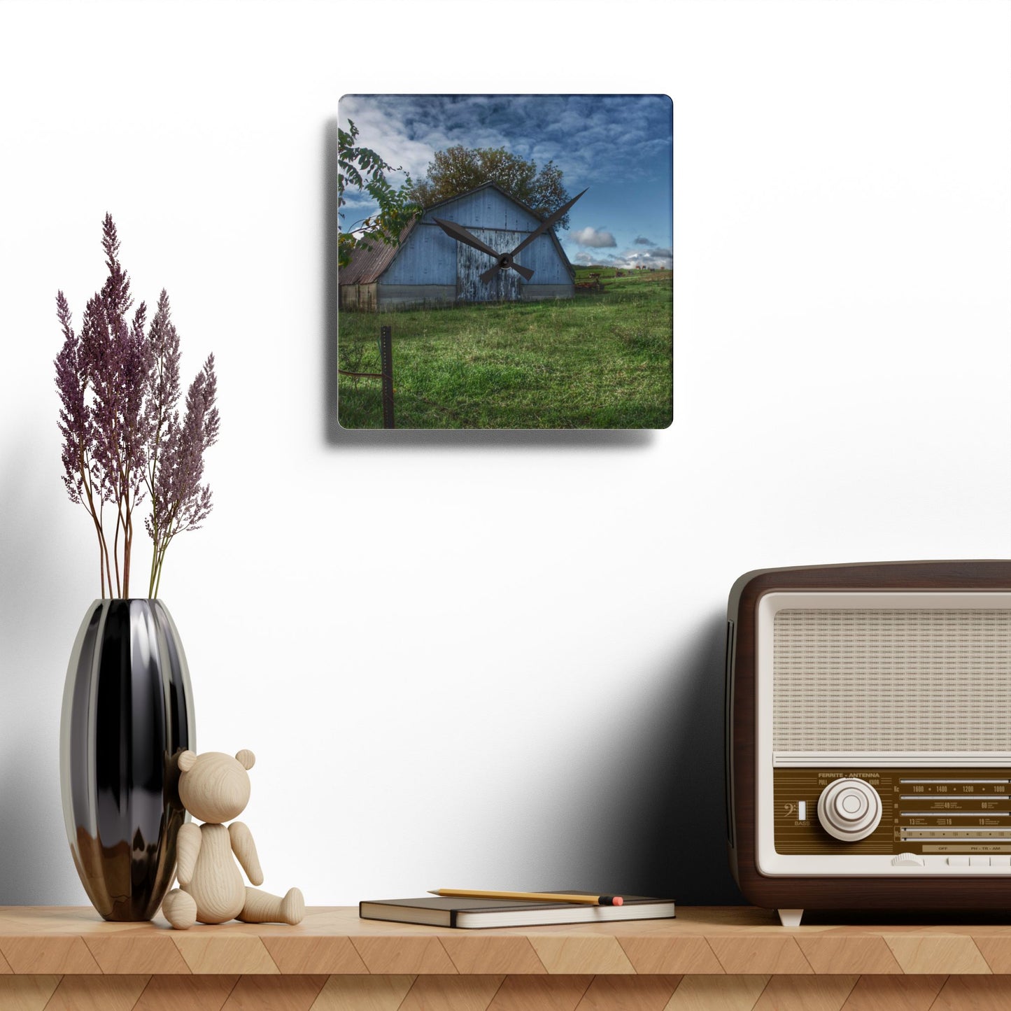 U R There Photography East Frances Quonset and Cows Rustic Farmhouse Acrylic Analog Wall Clock