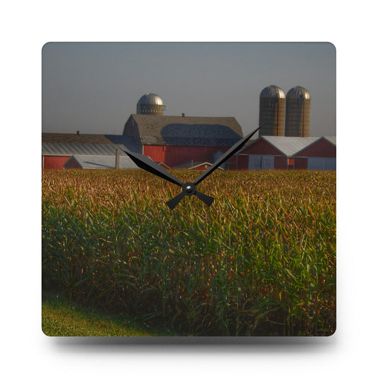 Slattery Road Farm and Cornfield II Rustic Farmhouse Acrylic Analog Wall Clock 10.75'' × 10.75'' (Square)