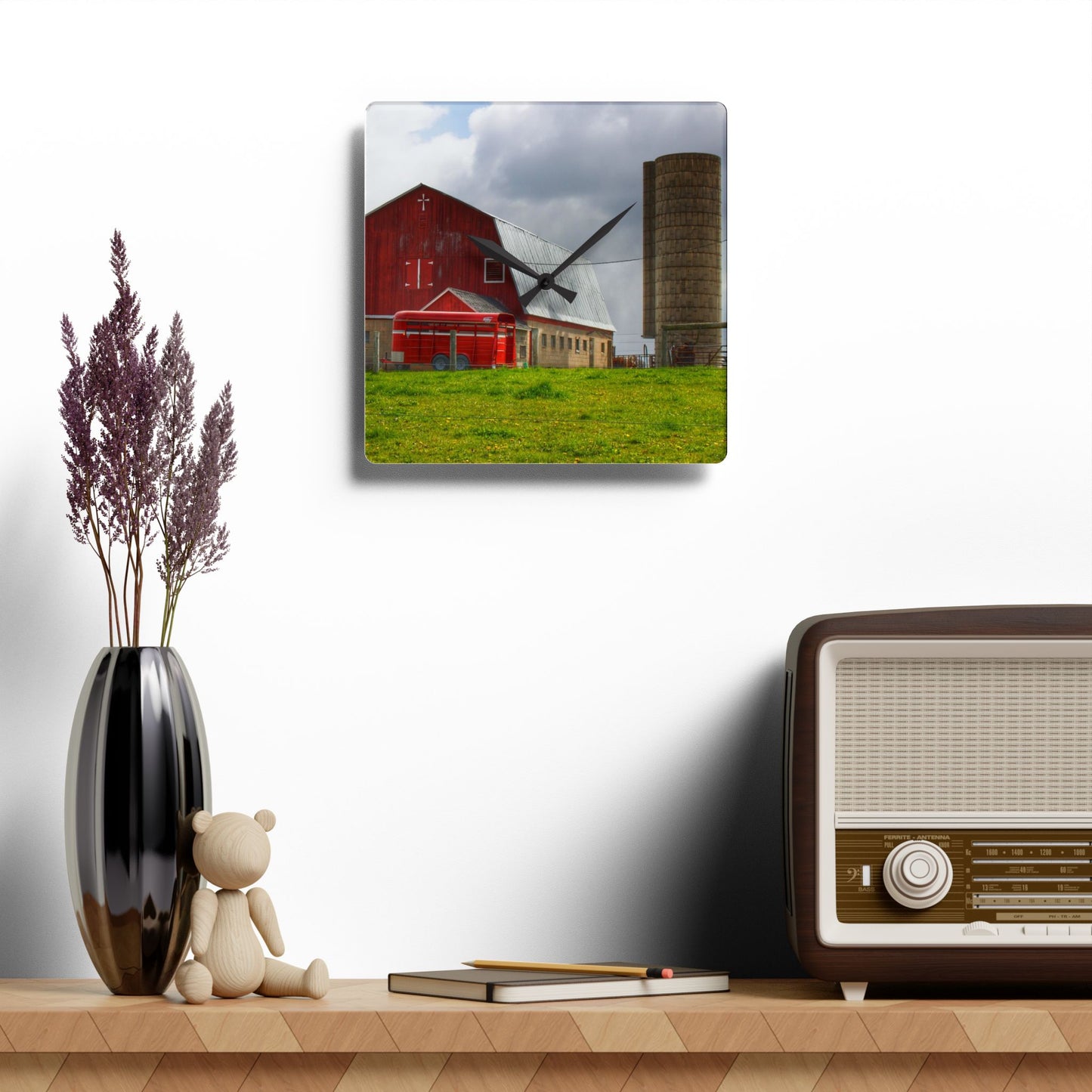U R There Photography Clothier Road Red and Silo Rustic Farmhouse Acrylic Analog Wall Clock