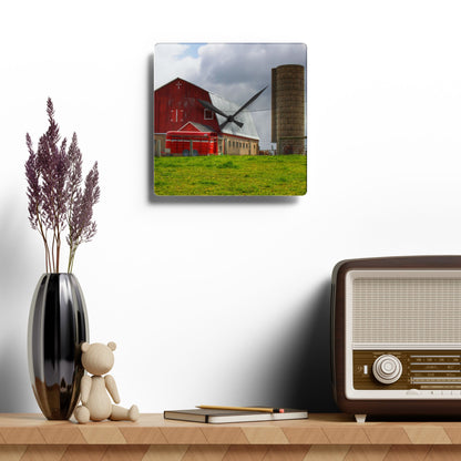 U R There Photography Clothier Road Red and Silo Rustic Farmhouse Acrylic Analog Wall Clock