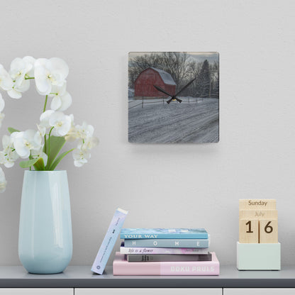U R There Photography Phillips Road Winter Red Rustic Farmhouse Acrylic Analog Wall Clock
