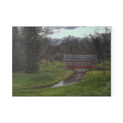 U R There Photography Hadley Covered Bridge III Rustic Farmhouse Tempered-Glass Cutting Board