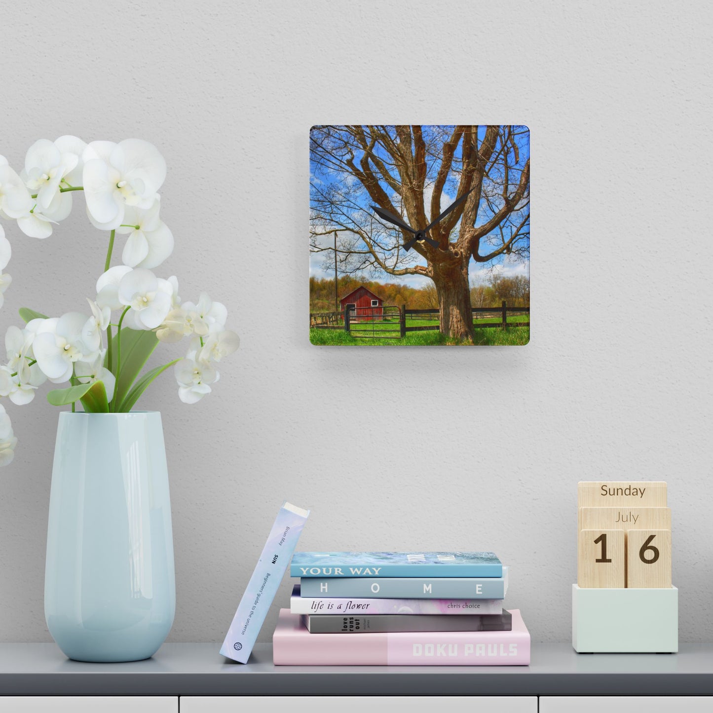 U R There Photography Delano Oak and Little Red Rustic Farmhouse Acrylic Analog Wall Clock