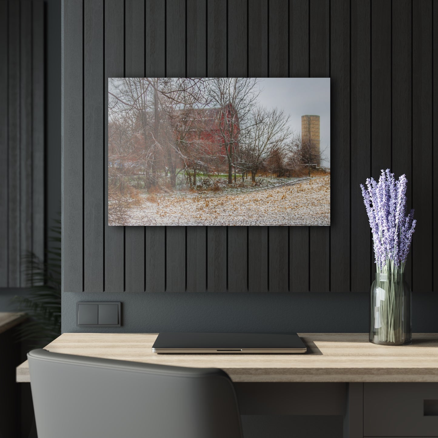 U R There Photography Hough Road Hidden Winter Red II Rustic Farmhouse Acrylic Wall Print