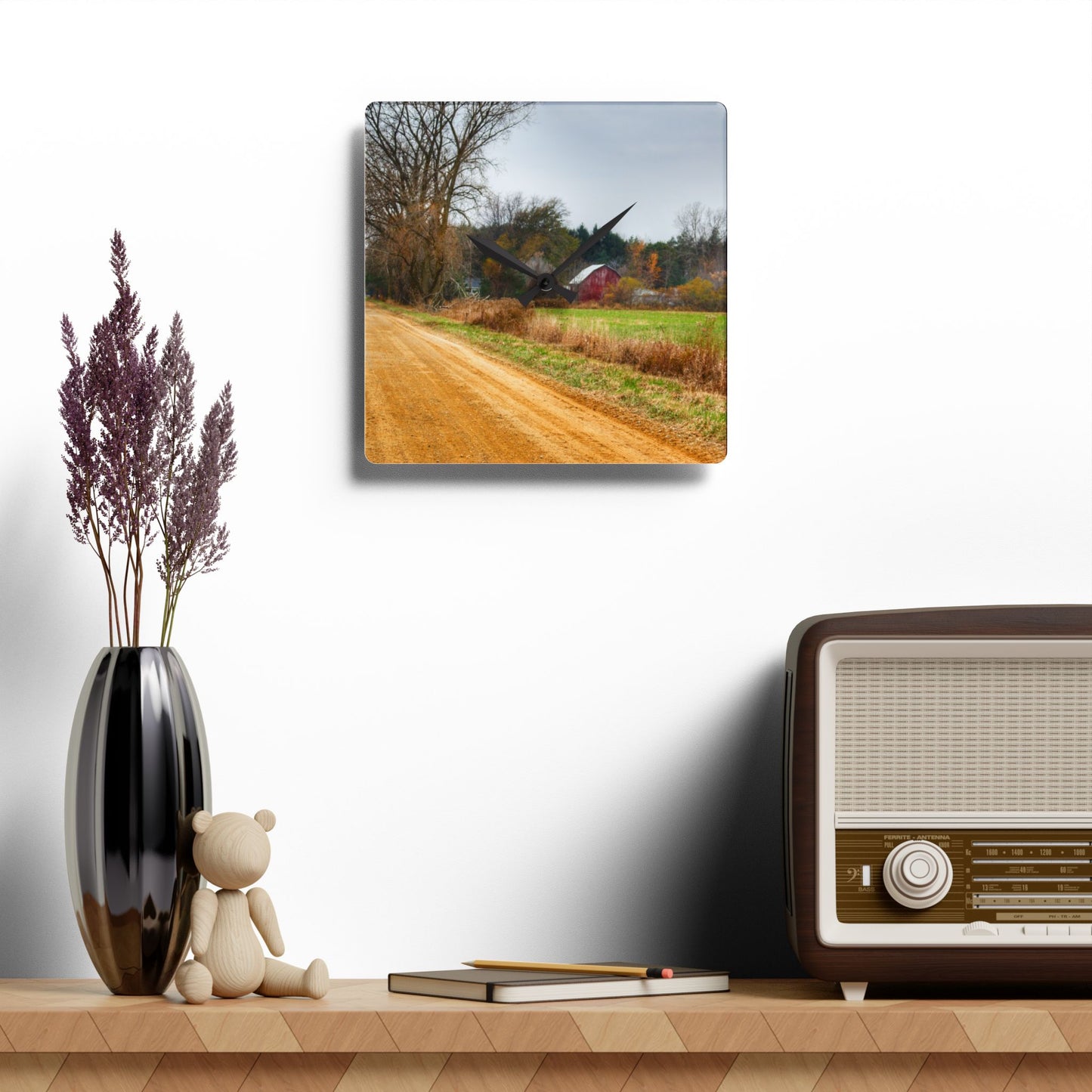 U R There Photography Stone Road Red Rustic Farmhouse Acrylic Analog Wall Clock