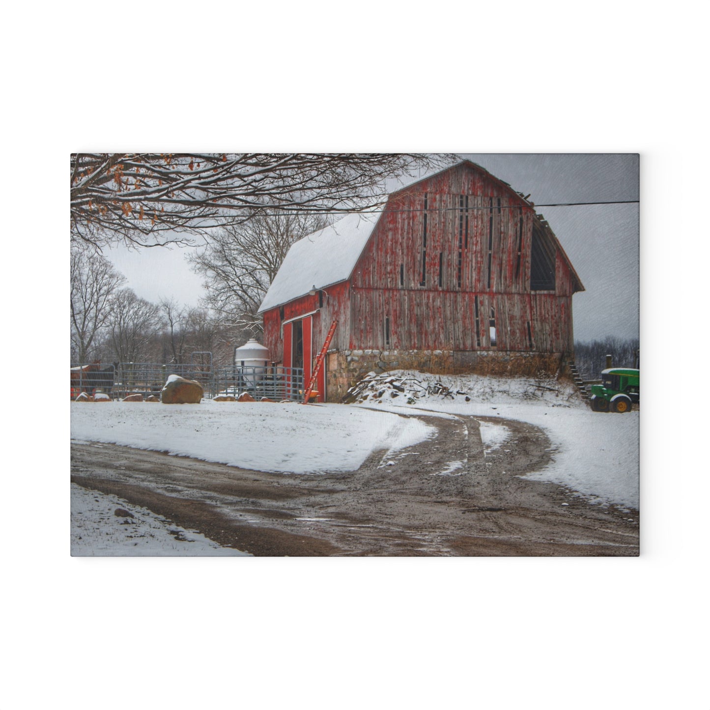 U R There Photography Marathon Road Red in Winter Rustic Farmhouse Tempered-Glass Cutting Board