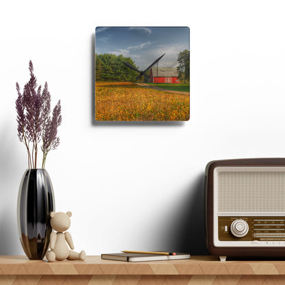 U R There Photography Red Barn on Golden Field Rustic Farmhouse Acrylic Analog Wall Clock