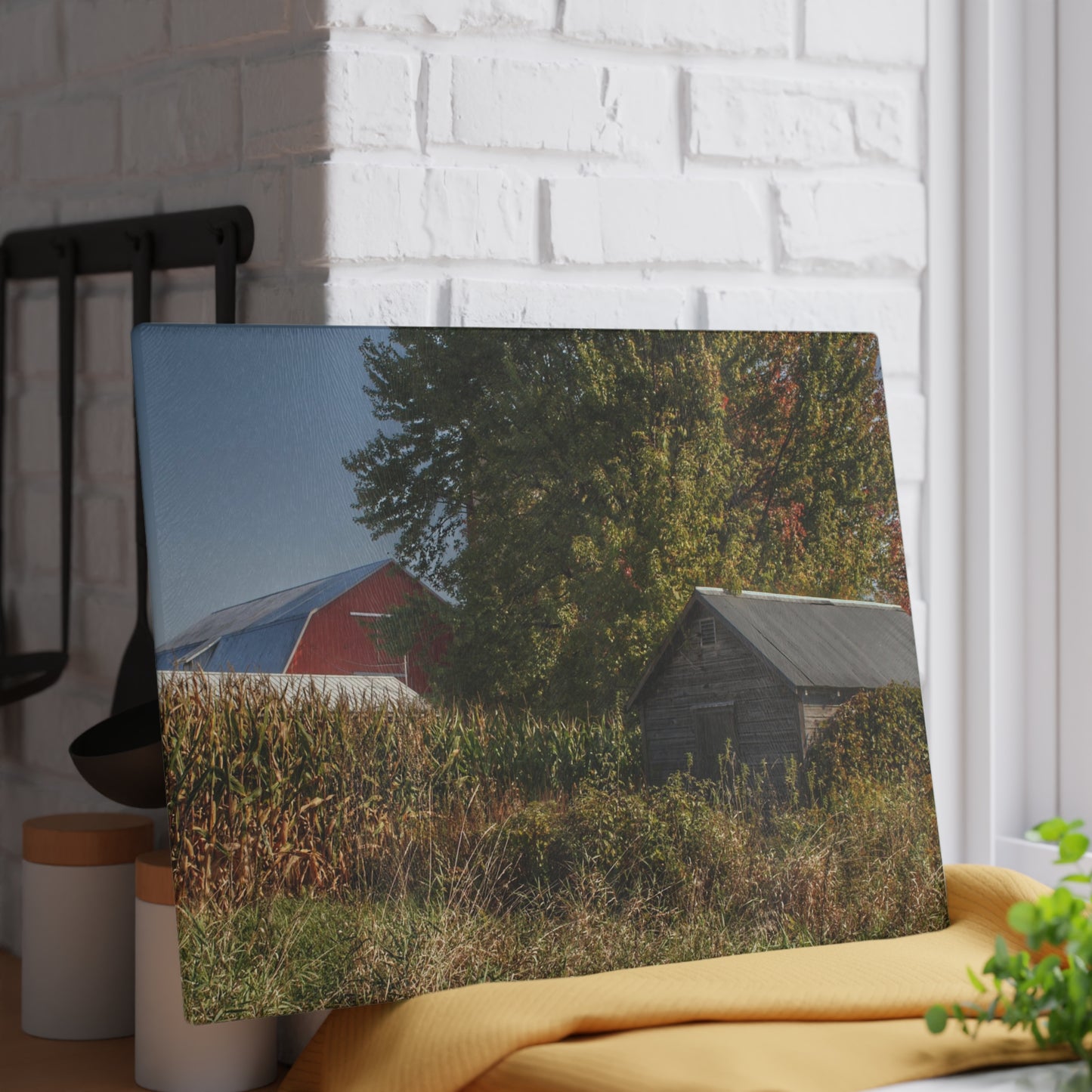 U R There Photography Barnes Road Hidden Red and Little Grey Rustic Farmhouse Tempered-Glass Cutting Board