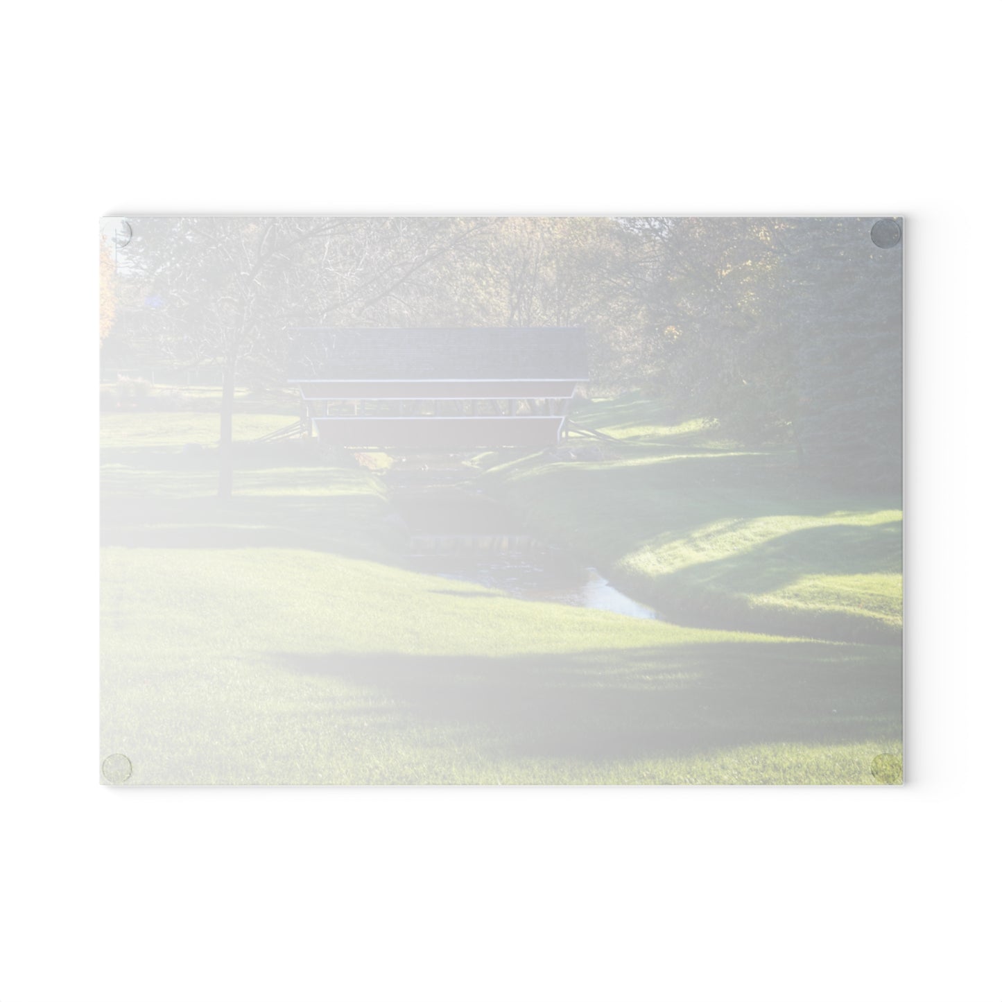 U R There Photography Hadley Covered Bridge I Rustic Farmhouse Tempered-Glass Cutting Board