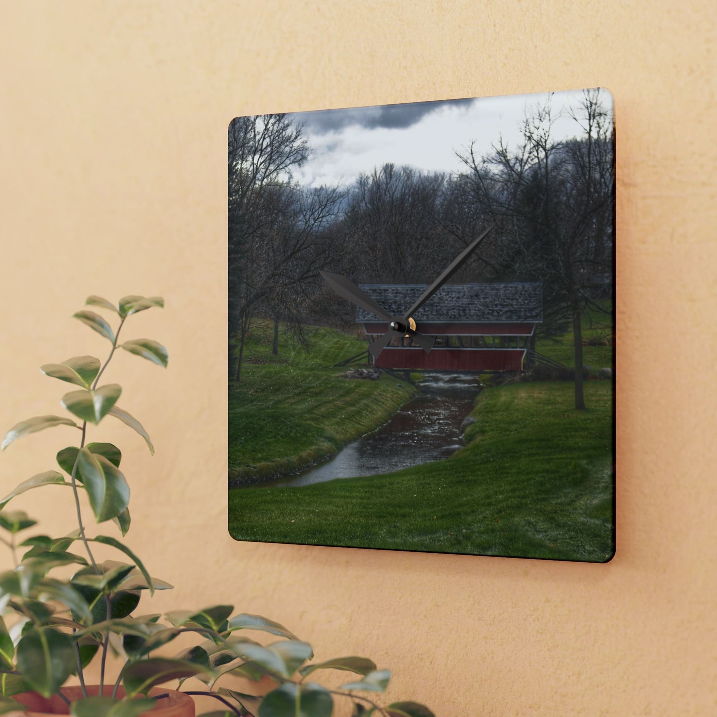 U R There Photography Hadley Covered Bridge III Rustic Farmhouse Acrylic Analog Wall Clock