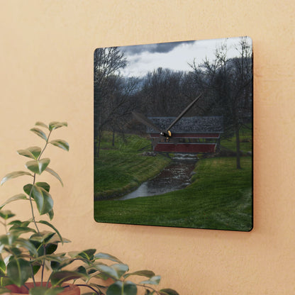 U R There Photography Hadley Covered Bridge III Rustic Farmhouse Acrylic Analog Wall Clock