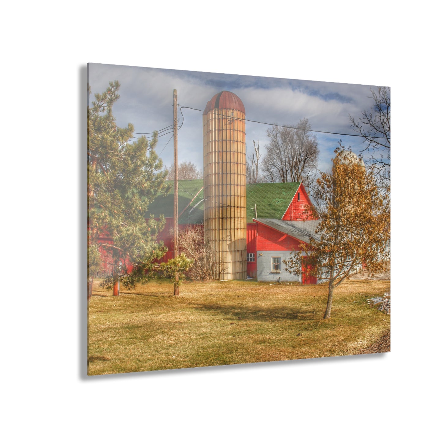 U R There Photography Newark Road Red and Silos II Rustic Farmhouse Acrylic Wall Print