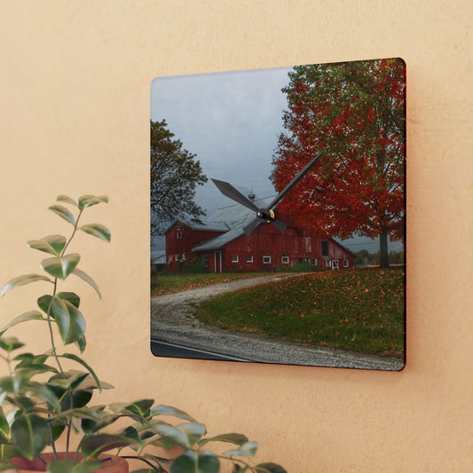 U R There Photography Goodrich Baldwin Road Reds II Rustic Farmhouse Acrylic Analog Wall Clock