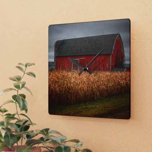 U R There Photography Slattery Road Cornfield Red Rustic Farmhouse Acrylic Analog Wall Clock