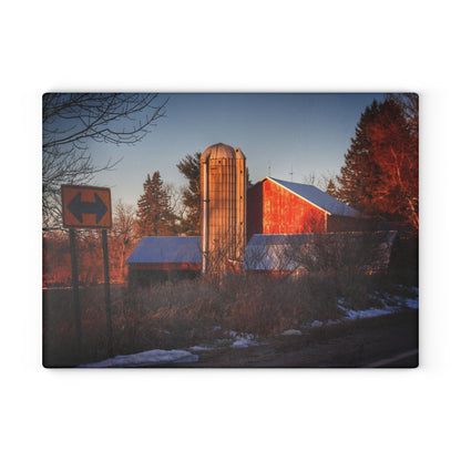 U R There Photography Mount Morris Road Reds and Silo in Winter Rustic Farmhouse Tempered-Glass Cutting Board