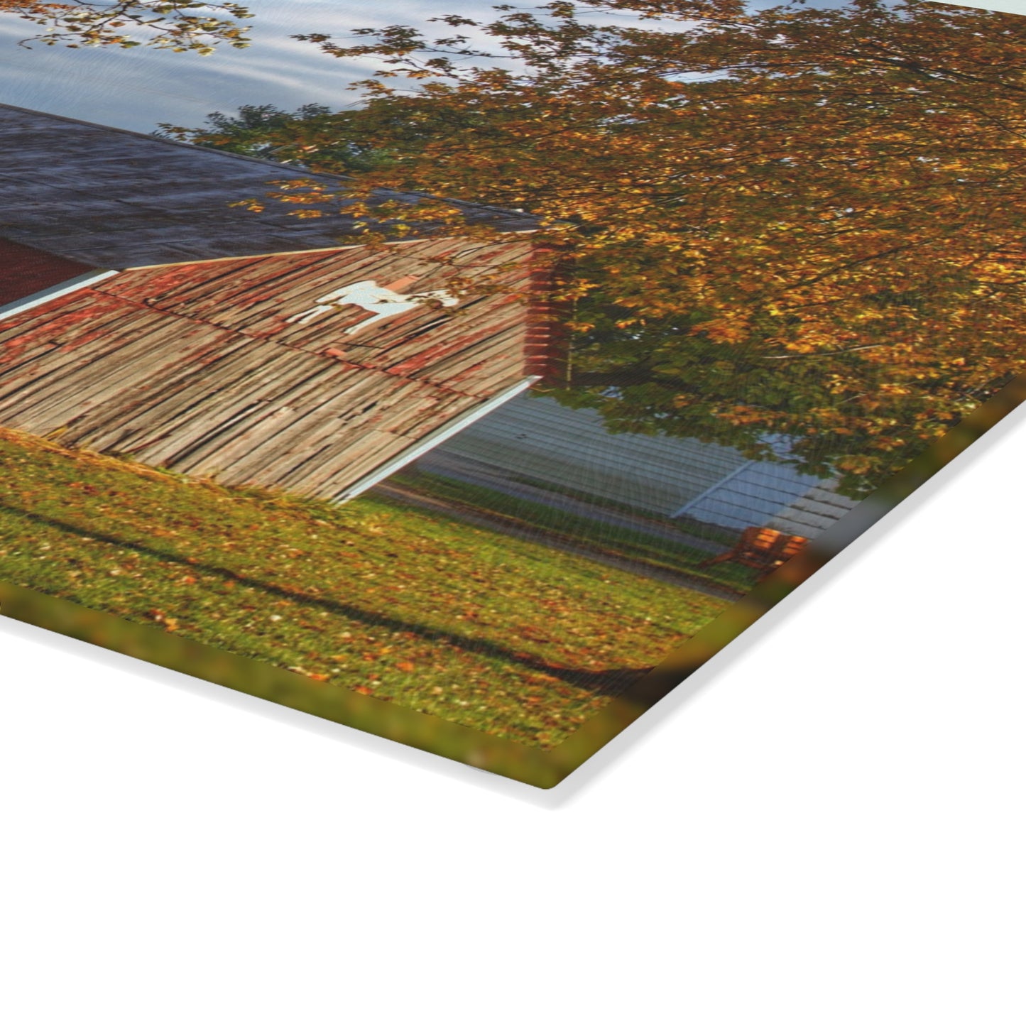 U R There Photography Marlette Road Fall Red Rustic Farmhouse Tempered-Glass Cutting Board