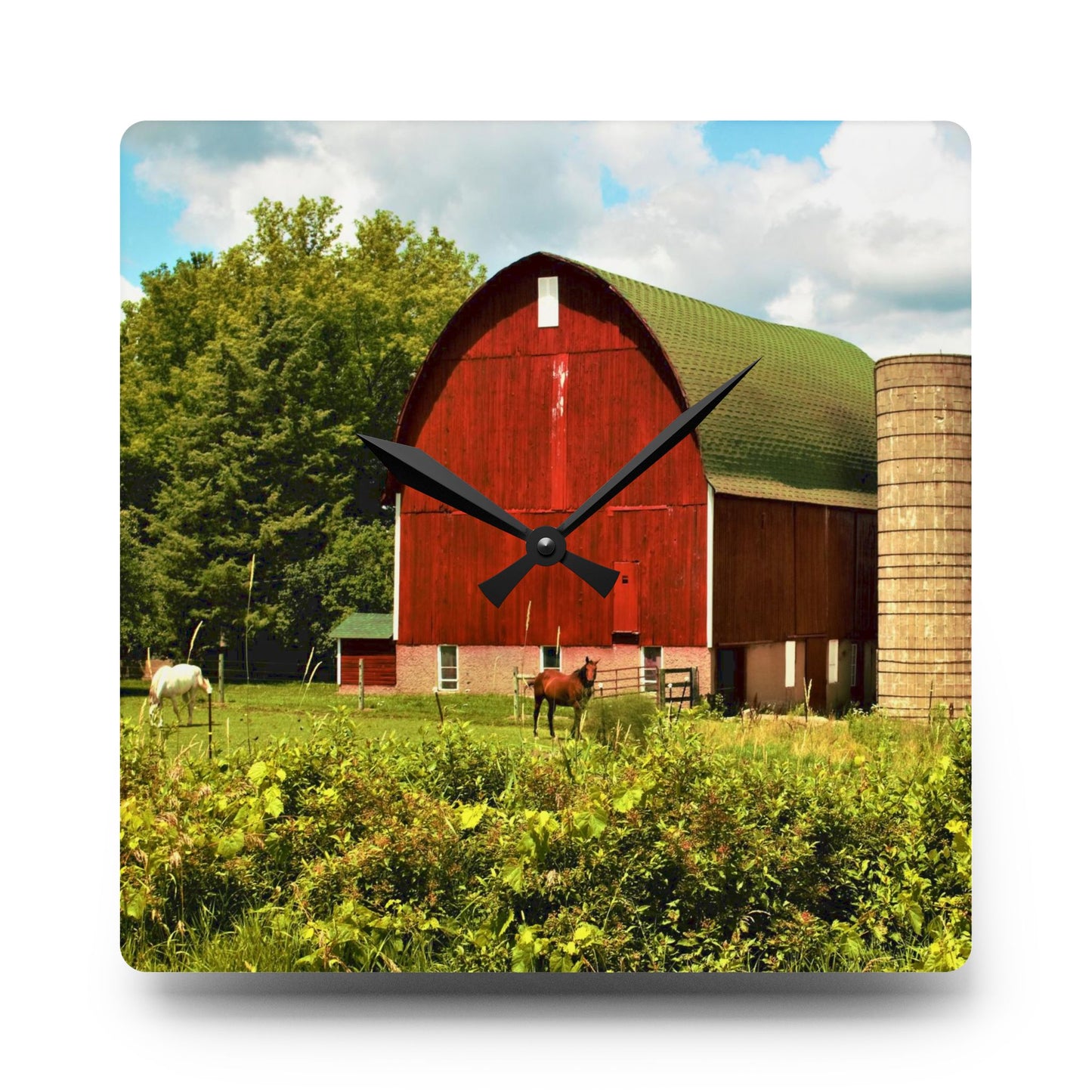 U R There Photography Elmwood Road Red and Horses Rustic Farmhouse Acrylic Analog Wall Clock