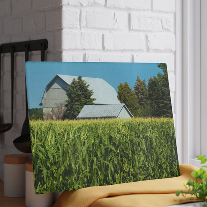U R There Photography White Cornfield Barn Rustic Farmhouse Tempered-Glass Cutting Board