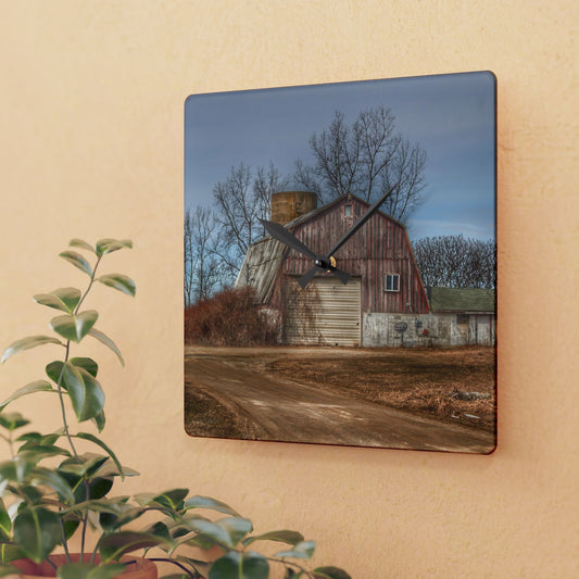 U R There Photography Maple Valley Road Red I Rustic Farmhouse Acrylic Analog Wall Clock