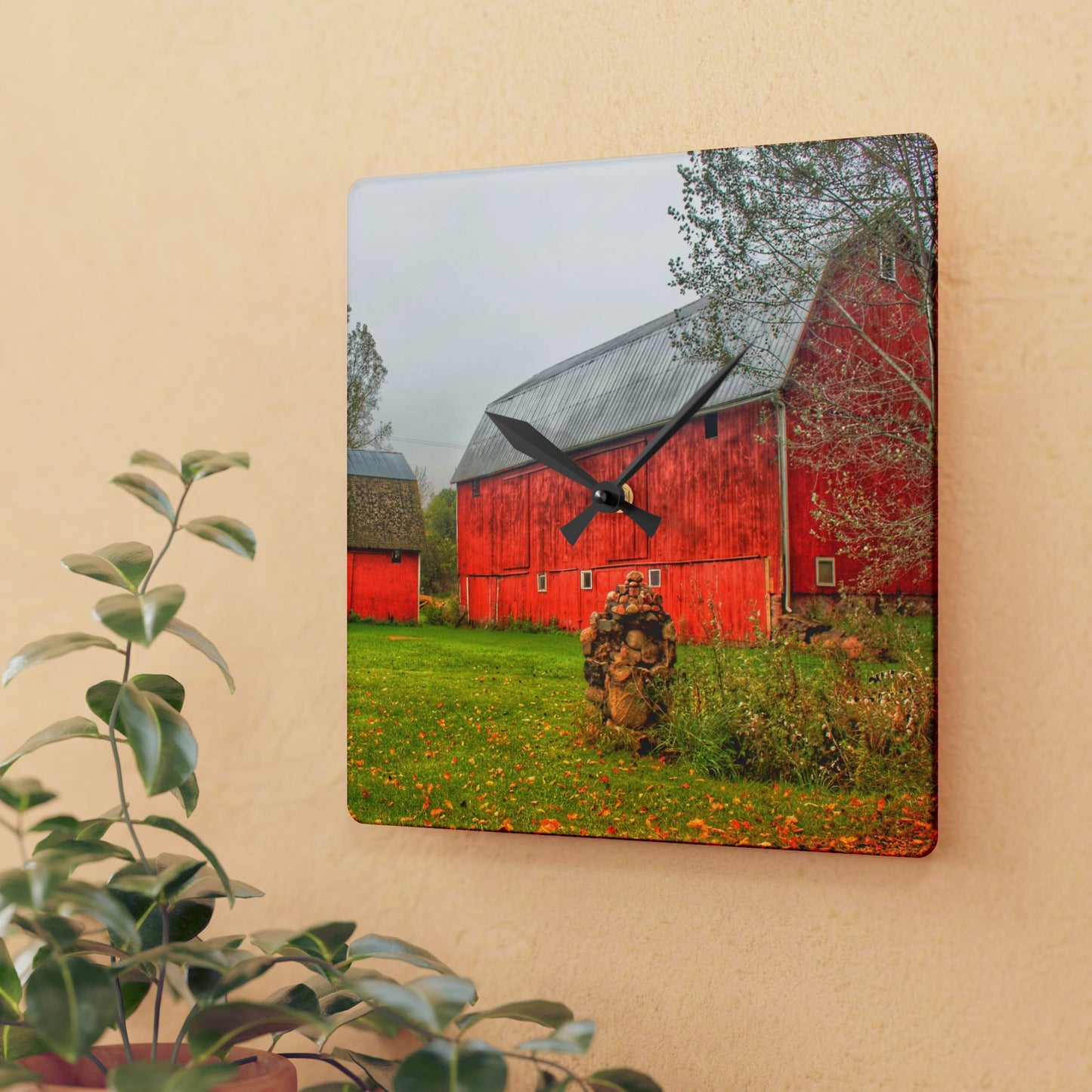 U R There Photography Cramton Road Reds I Rustic Farmhouse Wall Clock
