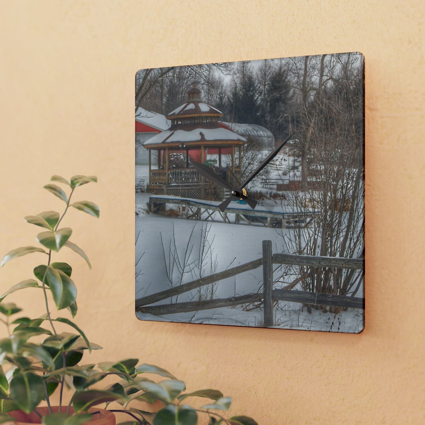 U R There Photography Columbiaville Gazebo in Winter Rustic Farmhouse Acrylic Analog Wall Clock