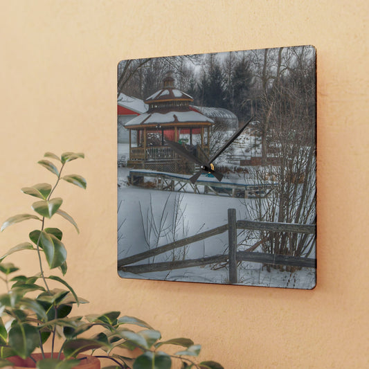 U R There Photography Columbiaville Gazebo in Winter Rustic Farmhouse Acrylic Analog Wall Clock