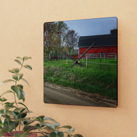 U R There Photography West Lake Road Farm and Filly I Rustic Farmhouse Acrylic Analog Wall Clock
