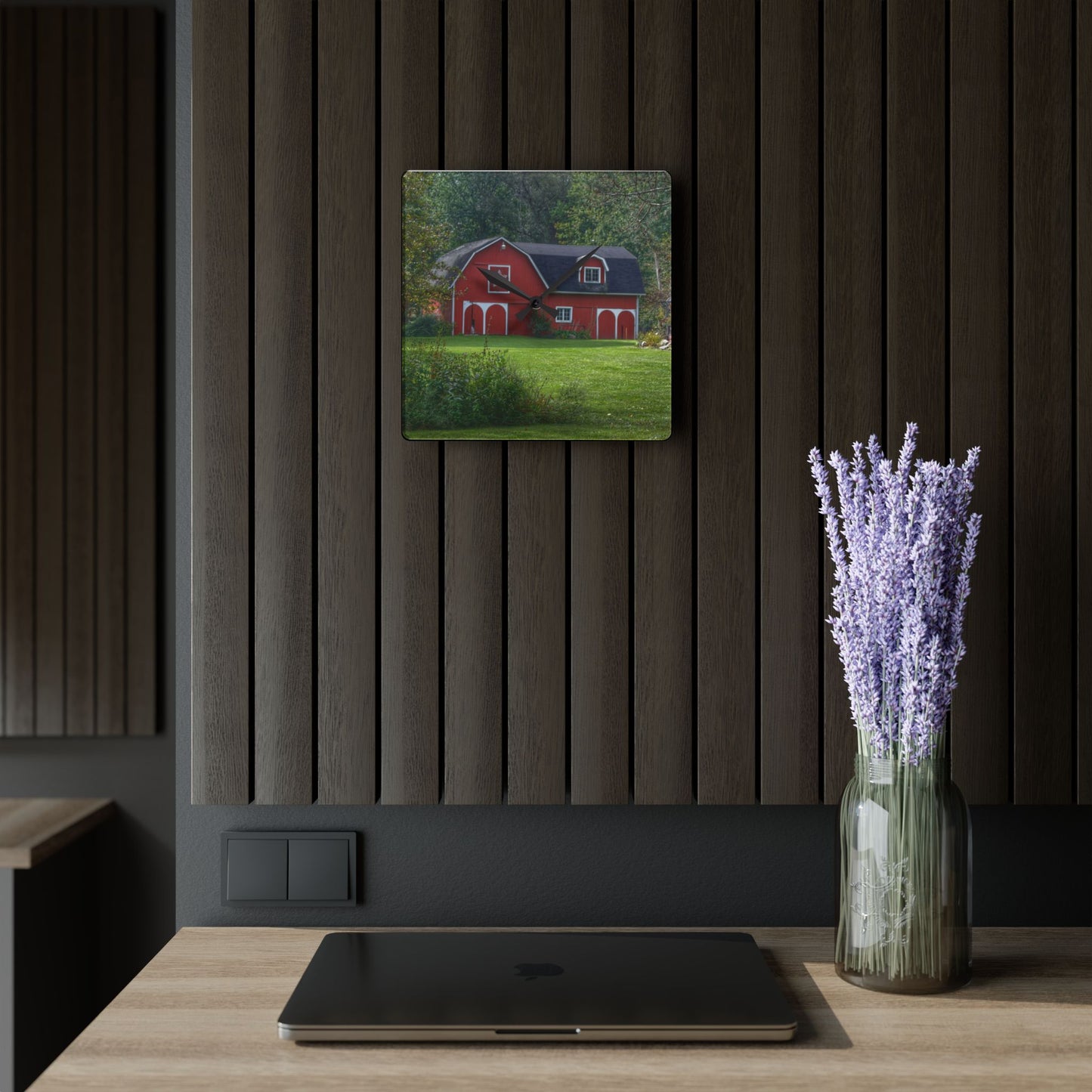 U R There Photography Charming Red Rustic Farmhouse Acrylic Analog Wall Clock