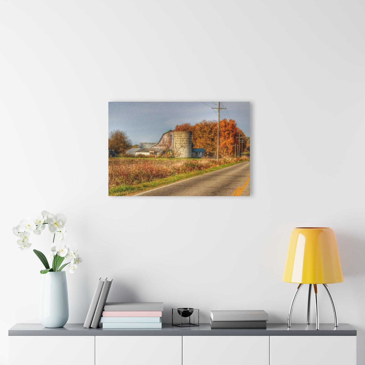 U R There Photography Plumb Creek Road Red in Fall II Rustic Farmhouse Acrylic Wall Print