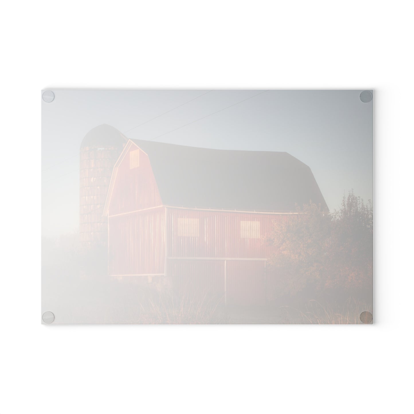 U R There Photography Klam Road Red Meets Foggy Sunrise II Rustic Farmhouse Tempered-Glass Cutting Board