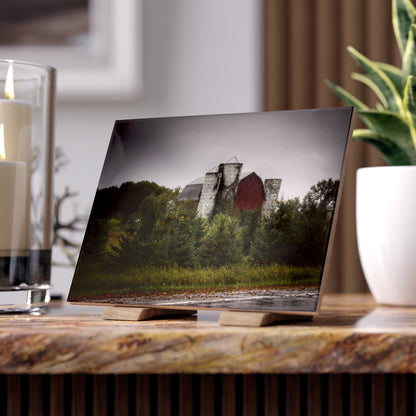 U R There Photography Castle Road Red and Silos in the Rain Rustic Farmhouse Decorative Ceramic Tile