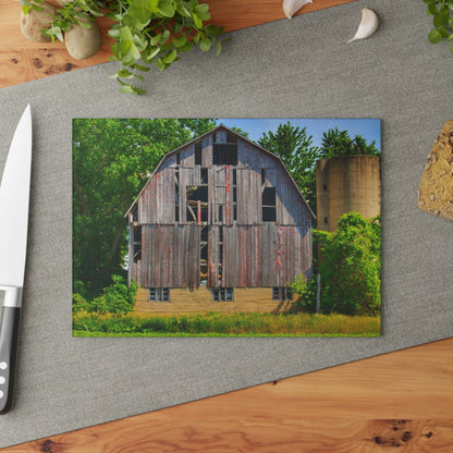 U R There Photography Mushroom Road Red and Silo Rustic Farmhouse Tempered-Glass Cutting Board