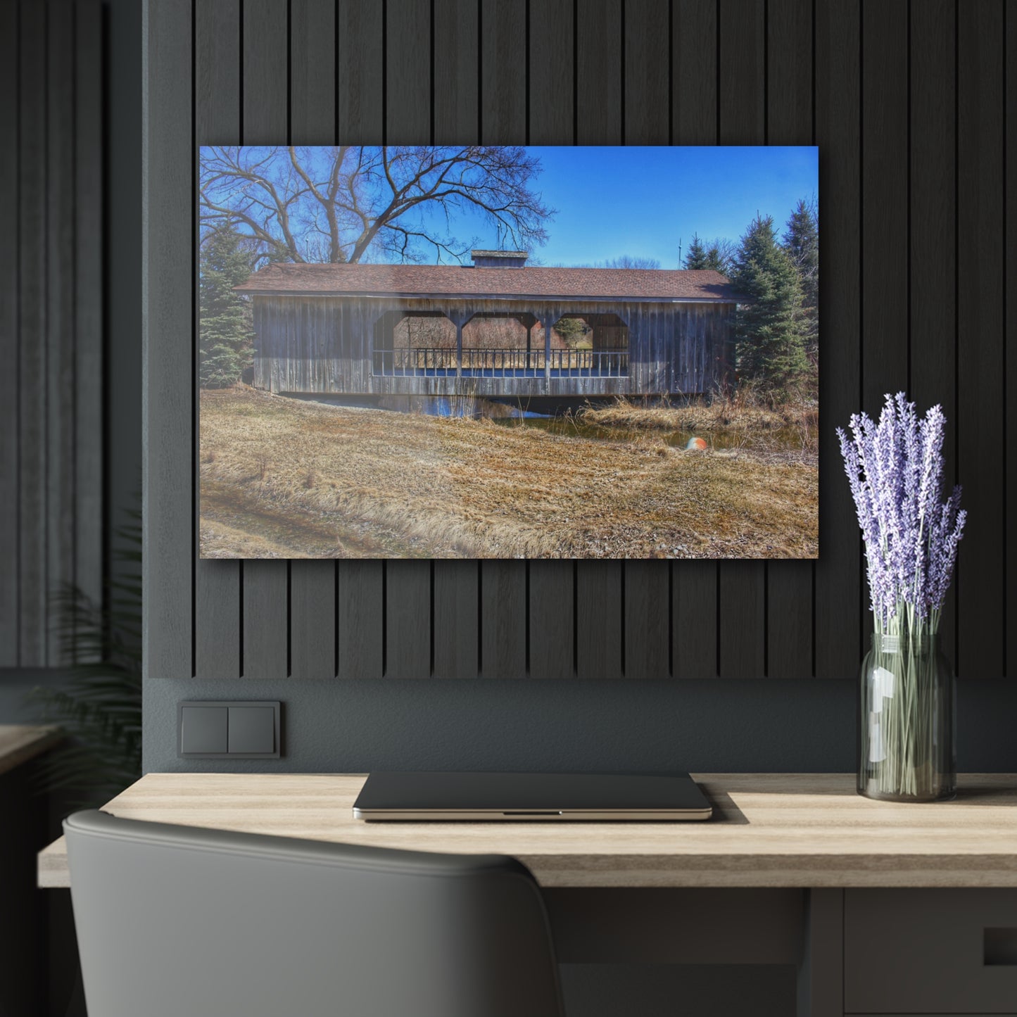 U R There Photography Covered Bridge of Campground Road II Rustic Farmhouse Acrylic Wall Print