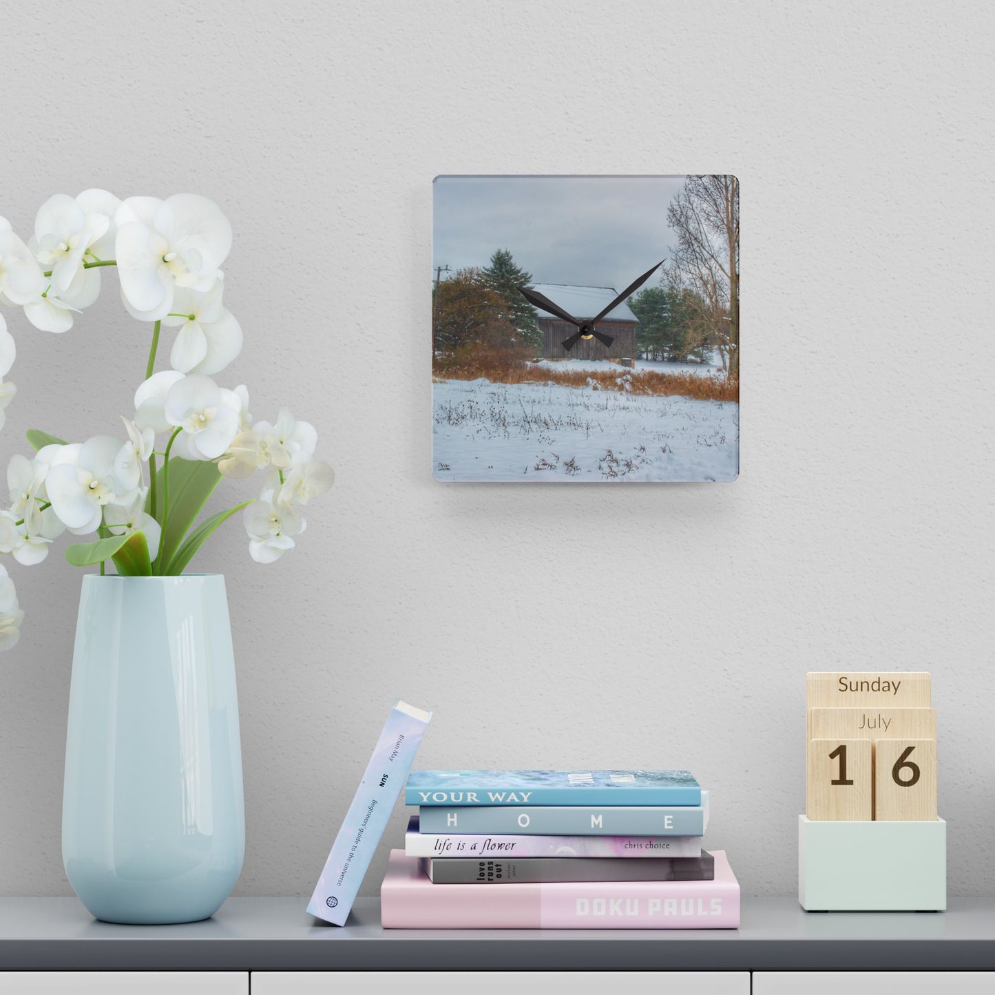 U R There Photography Hosner Road Grey in Winter Rustic Farmhouse Acrylic Analog Wall Clock