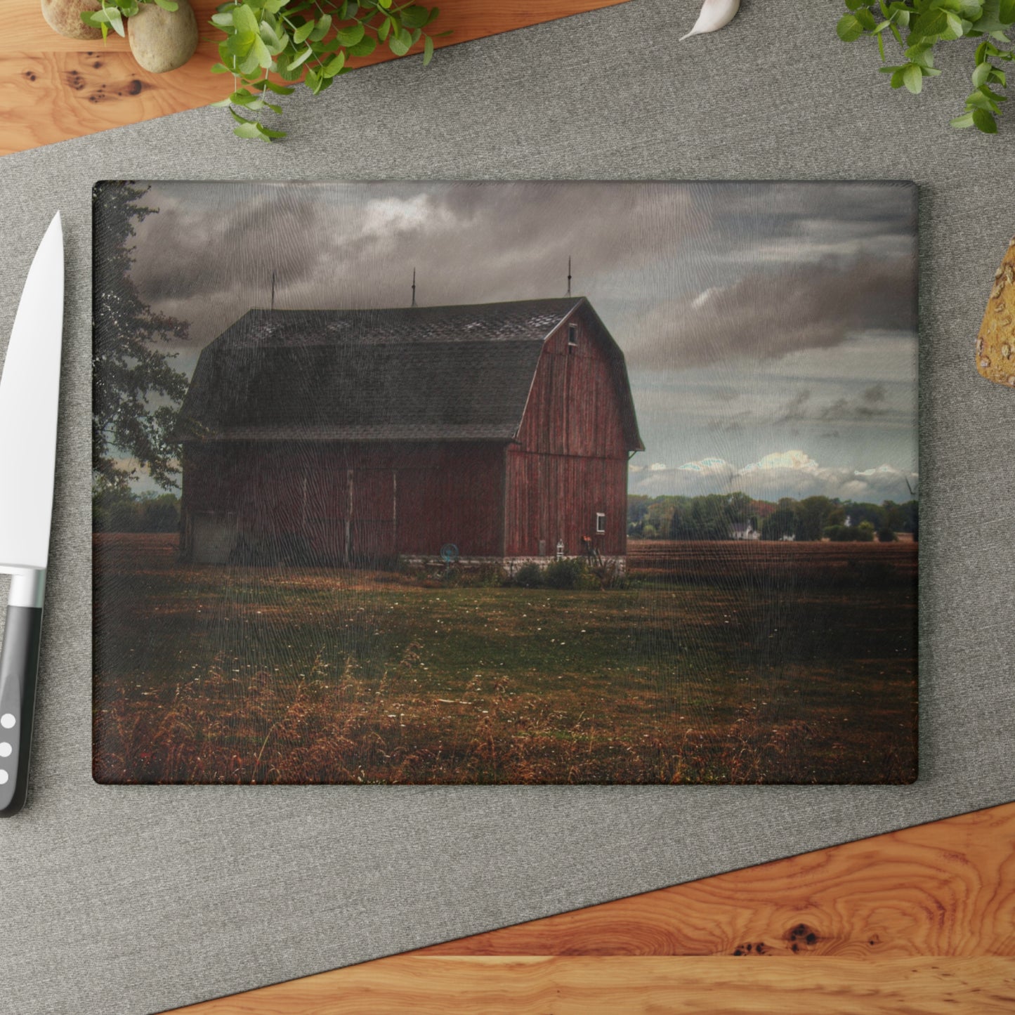 U R There Photography Fairgrove-Deckerville Red I Rustic Farmhouse Tempered-Glass Cutting Board