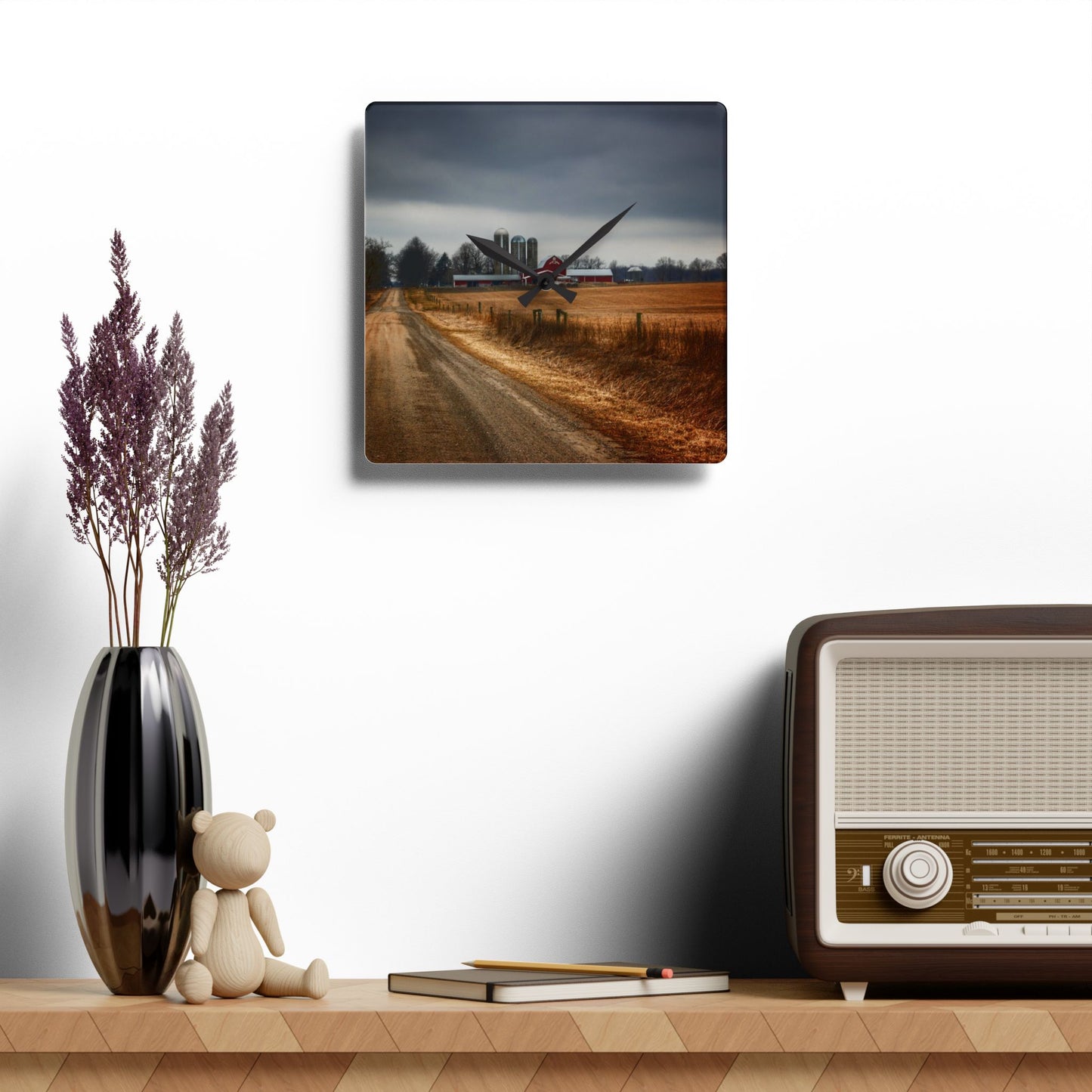 U R There Photography Across the Field on Daley Road Rustic Farmhouse Acrylic Analog Wall Clock