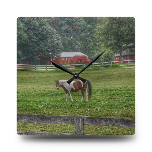 Painted Pony in Pasture Rustic Farmhouse Acrylic Analog Wall Clock 10.75'' × 10.75'' (Square)