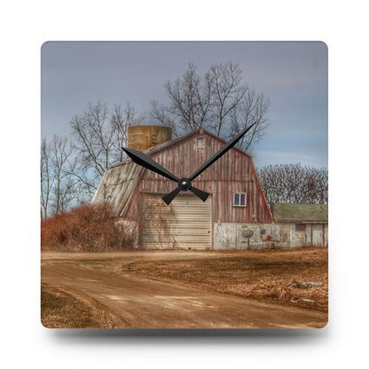U R There Photography Maple Valley Road Red I Rustic Farmhouse Acrylic Analog Wall Clock