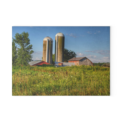 U R There Photography Morrish Road Silos II Rustic Farmhouse Tempered-Glass Cutting Board
