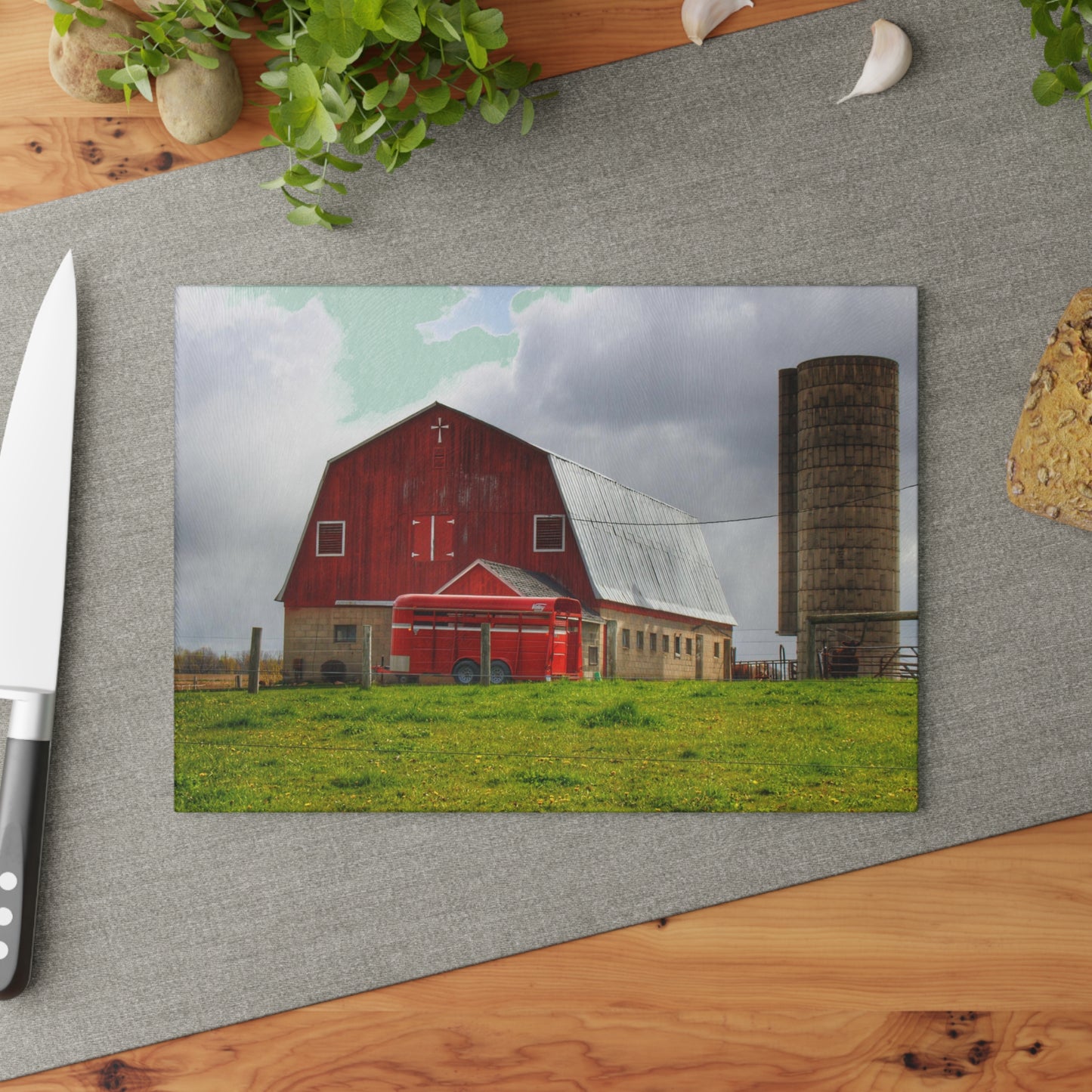 U R There Photography Clothier Road Red and Silo Rustic Farmhouse Tempered-Glass Cutting Board