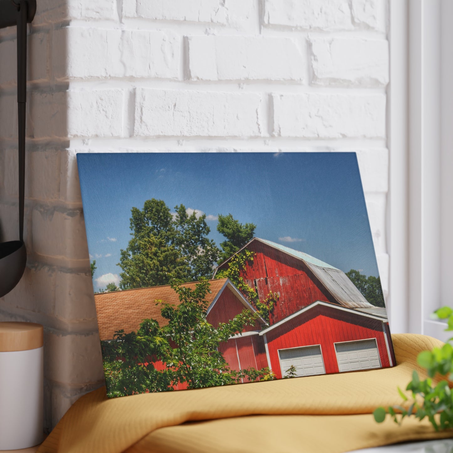 U R There Photography McKeen Lake Road Reds I Rustic Farmhouse Tempered-Glass Cutting Board