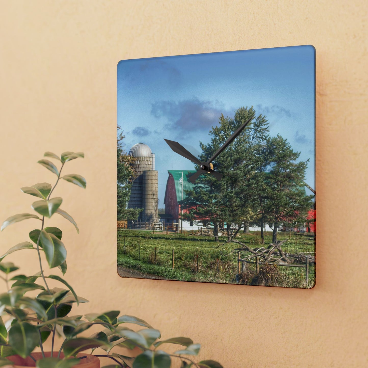 U R There Photography Croswell Wagner Road Red Rustic Farmhouse Acrylic Analog Wall Clock