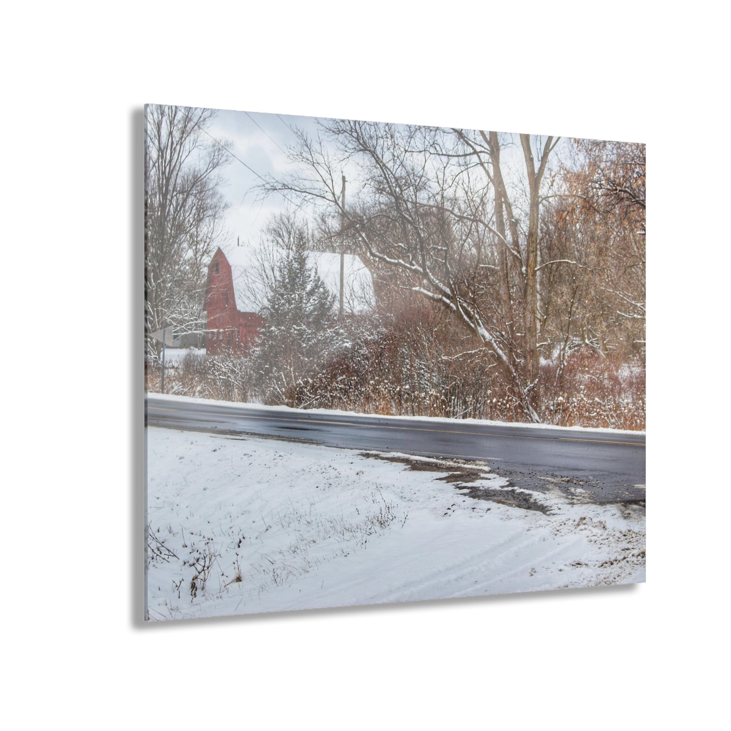 U R There Photography Dodge Road Winter Red Rustic Farmhouse Acrylic Wall Print