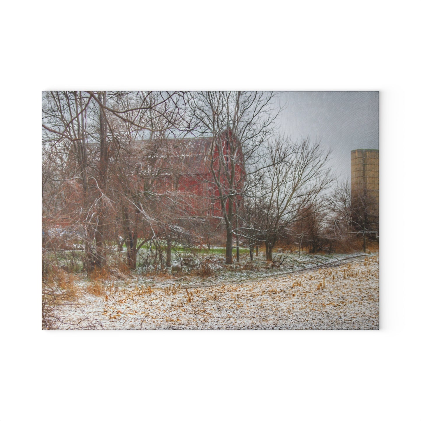 U R There Photography Hough Road Hidden Winter Red II Rustic Farmhouse Tempered-Glass Cutting Board