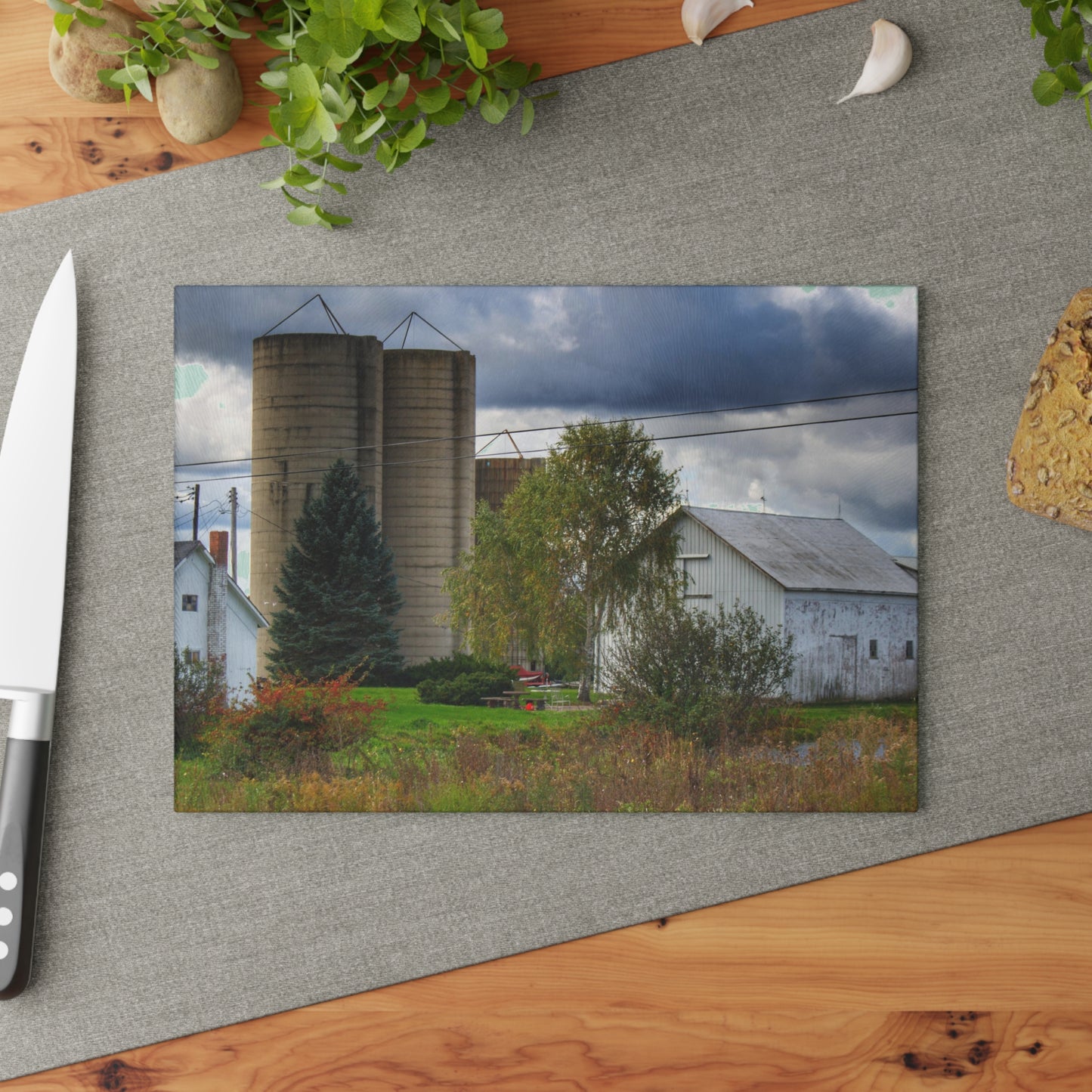 U R There Photography Baldwin White and Silo Rustic Farmhouse Tempered-Glass Cutting Board