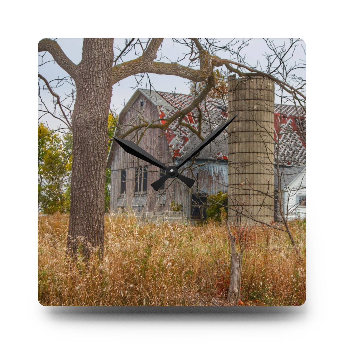 U R There Photography Hill Road Roadside Grey II Rustic Farmhouse Acrylic Analog Wall Clock