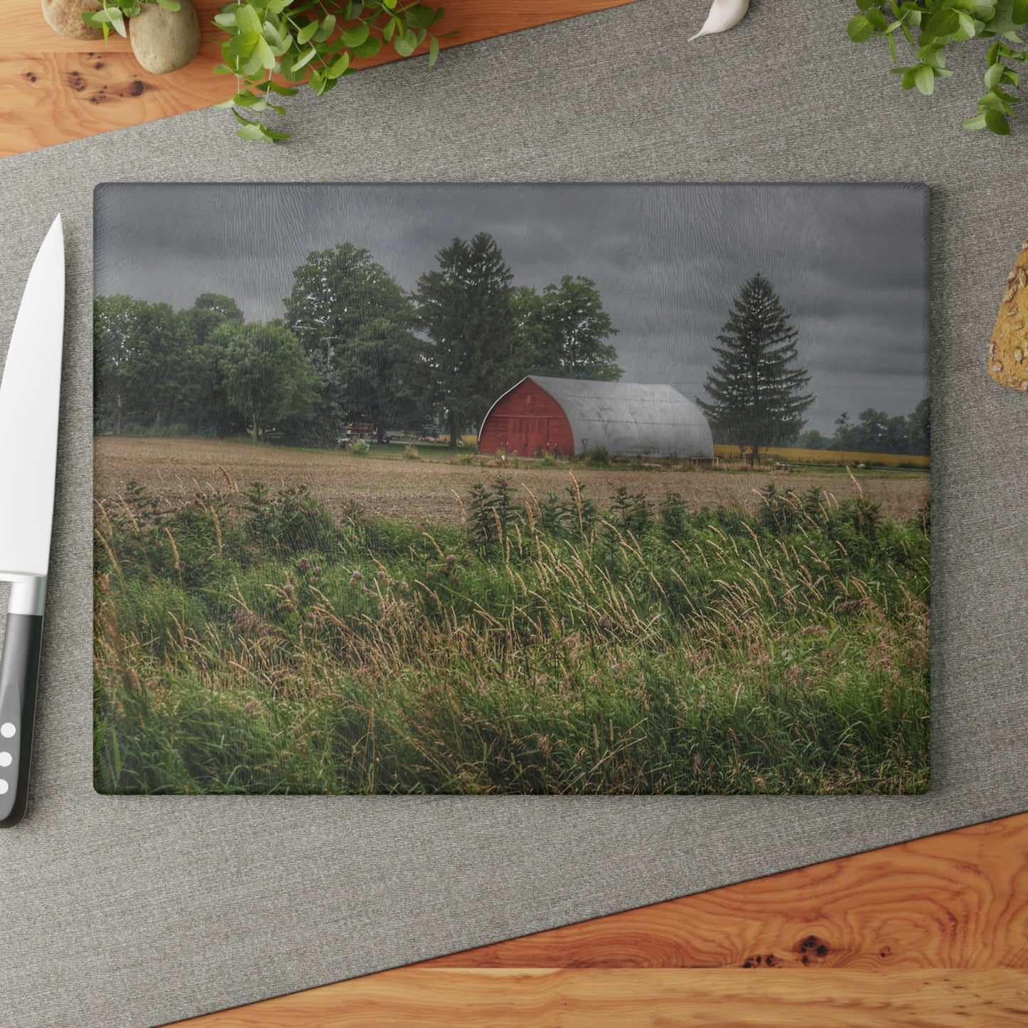 U R There Photography Mayville Road Red Quonset Rustic Farmhouse Tempered-Glass Cutting Board