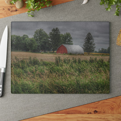U R There Photography Mayville Road Red Quonset Rustic Farmhouse Tempered-Glass Cutting Board