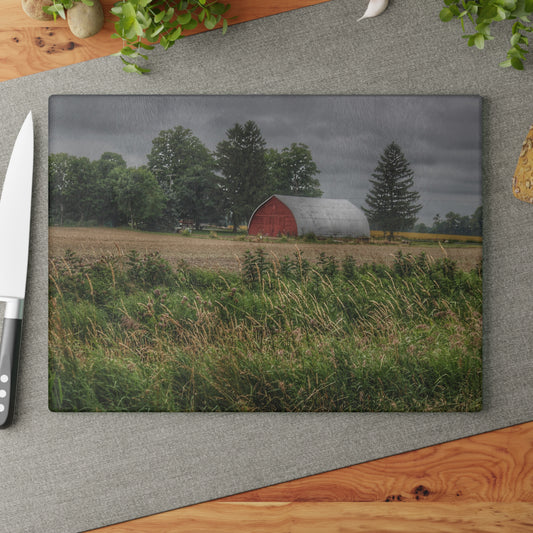 U R There Photography Mayville Road Red Quonset Rustic Farmhouse Tempered-Glass Cutting Board