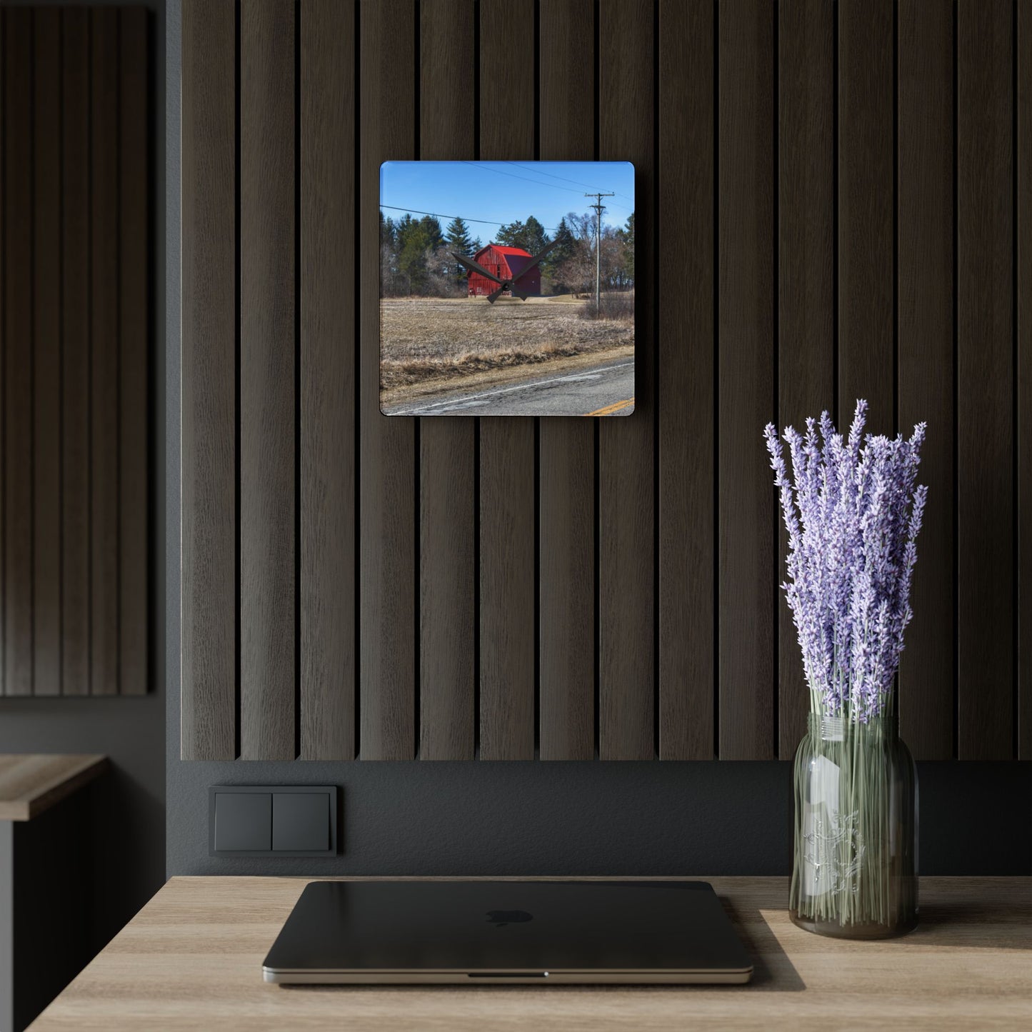 U R There Photography Maple Grove Little Red Rustic Farmhouse Acrylic Analog Wall Clock